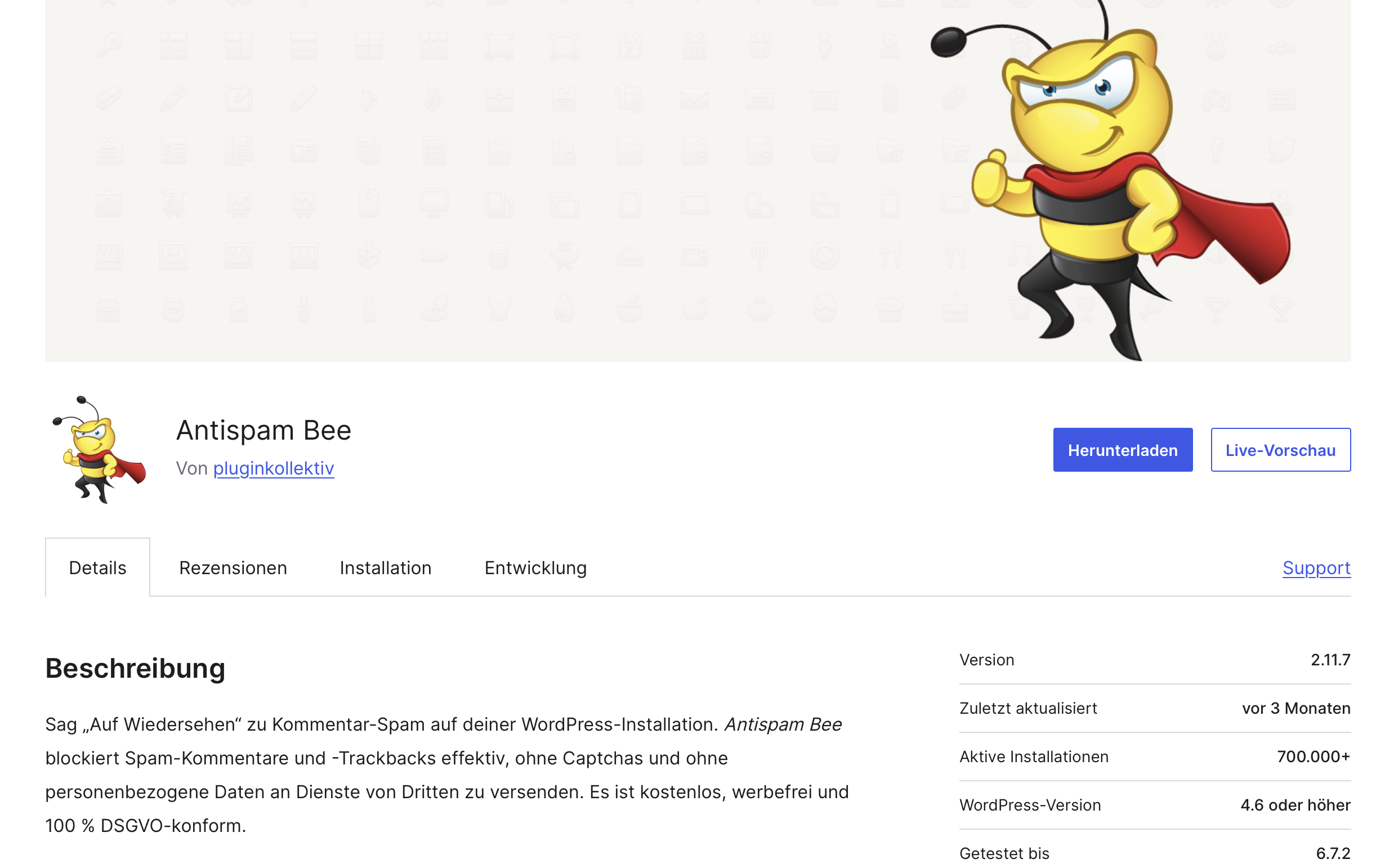wordpress.org: Plugin-Übersichtsseite zu „Antispam Bee“ Bild: wordpress.org: Plugin-Übersichtsseite zu „Antispam Bee“