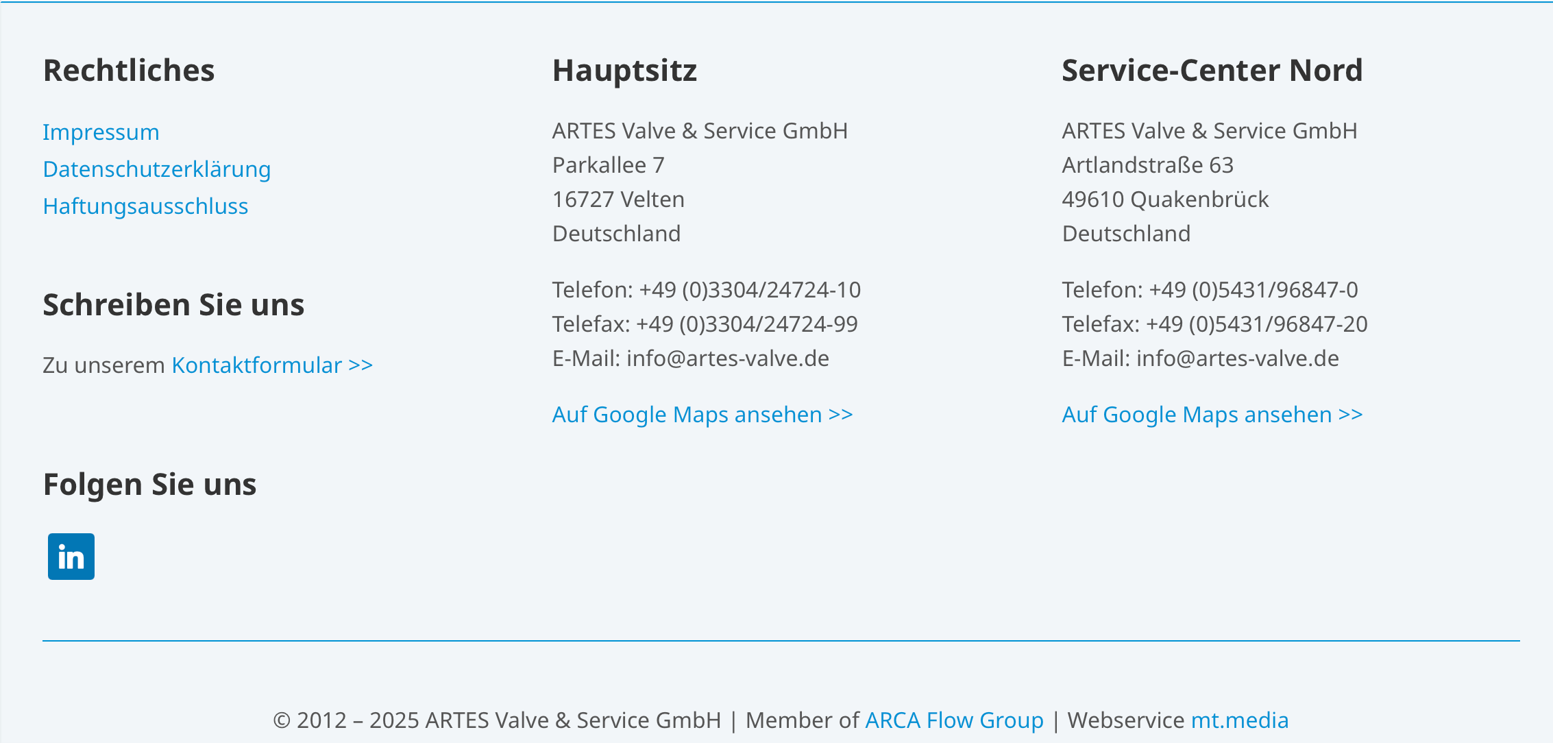 Screenshot des Footers vom Industrieunternehmen ARTES Valve & Service GmbH Bild: Screenshot des Footers vom Industrieunternehmen ARTES Valve & Service GmbH