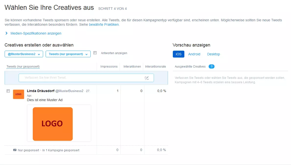 Bild: Screenshot der Option „Creatives“ bei der Kampagnenerstellung mit Twitter Ads