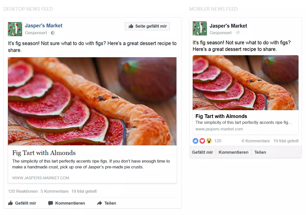 Bild: Beispiel einer Photo Ad auf Facebook im Desktop- und im mobilen News-Feed