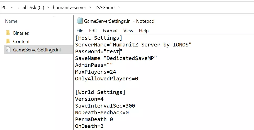 Konfigurationsdatei des HumanitZ-Servers Bild: Konfigurationsdatei des HumanitZ-Servers