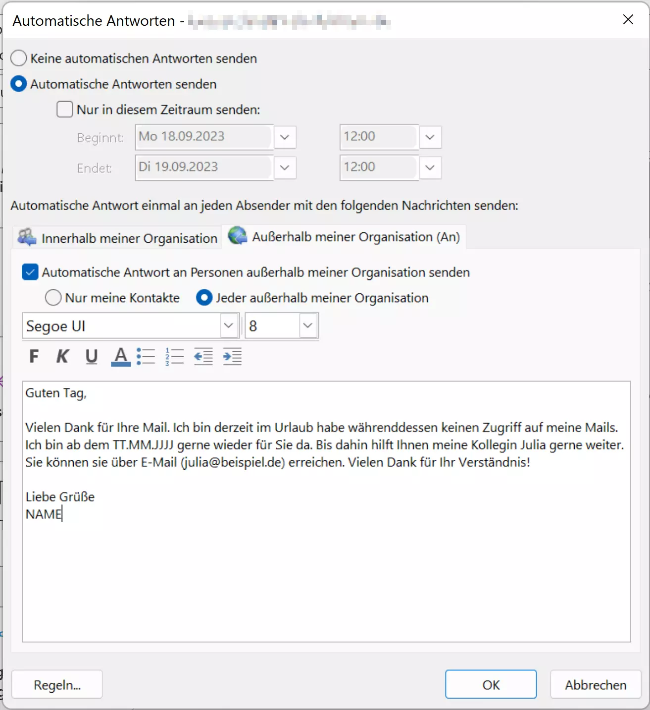 Fenster zur Eingabe einer Abwesenheitsnotiz – mit ausgewählter Option zum Versand in einem bestimmten Zeitraum Bild: Fenster zur Eingabe einer Abwesenheitsnotiz – mit ausgewählter Option zum Versand in einem bestimmten Zeitraum