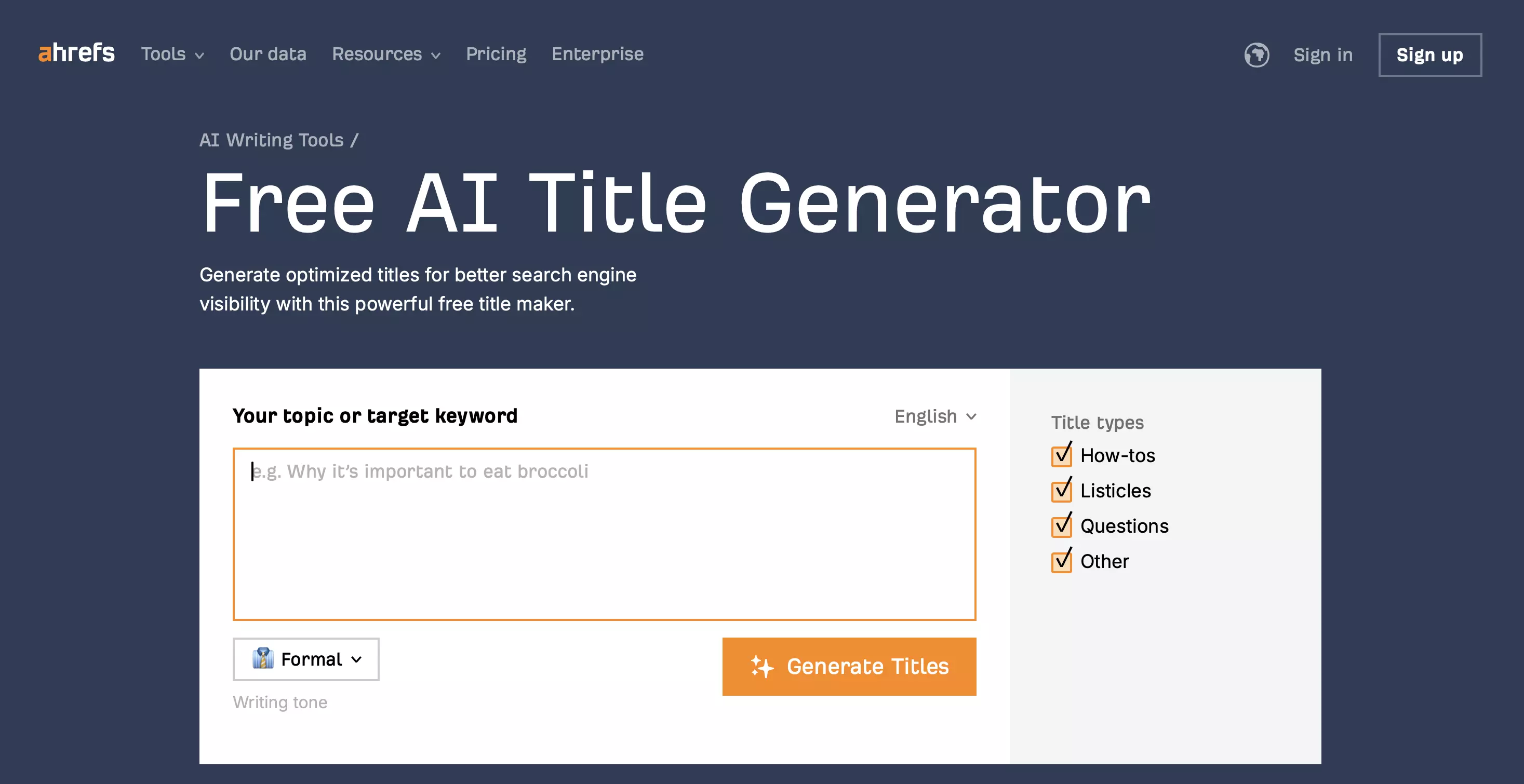 Free AI Title Generator von Ahrefs Bild: Free AI Title Generator von Ahrefs