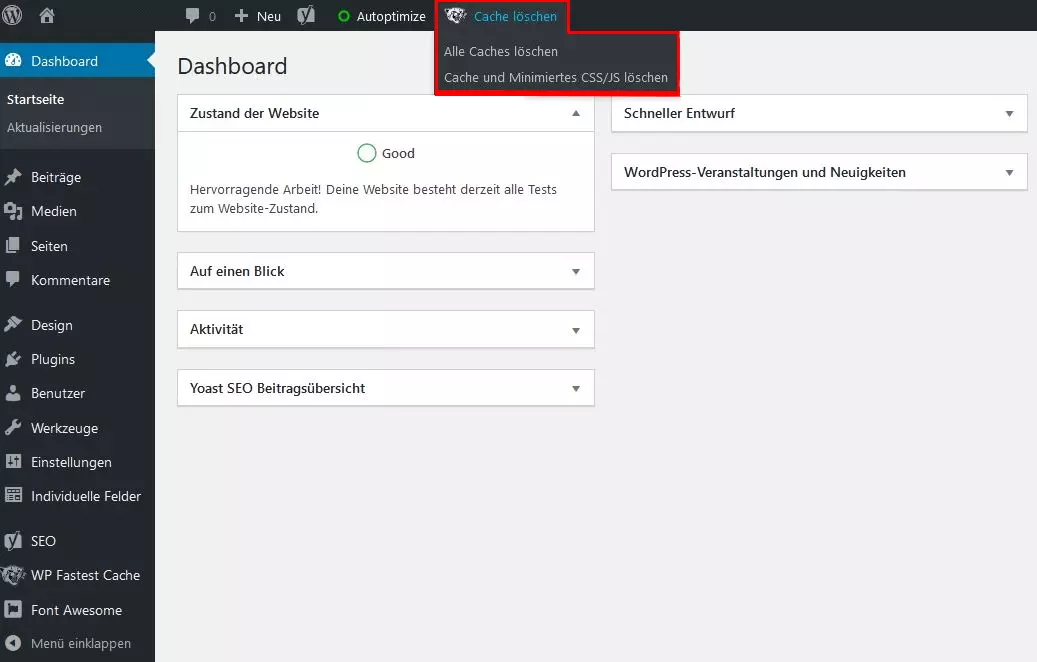 Bild: WP Fastest Cache: Möglichkeit im Dashboard, den WordPress-Cache zu löschen