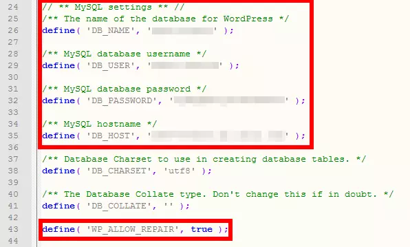 Bild: Ausschnitt des Quellcodes in der wp-config.php