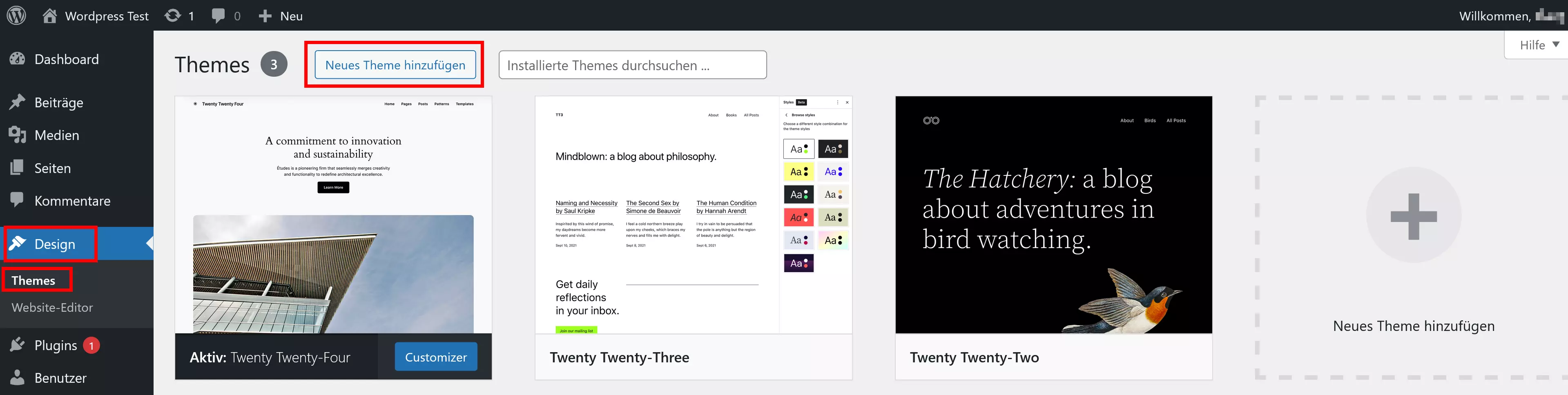 Design-Bereich im Dashboard von WordPress Bild: Design-Bereich im Dashboard von WordPress