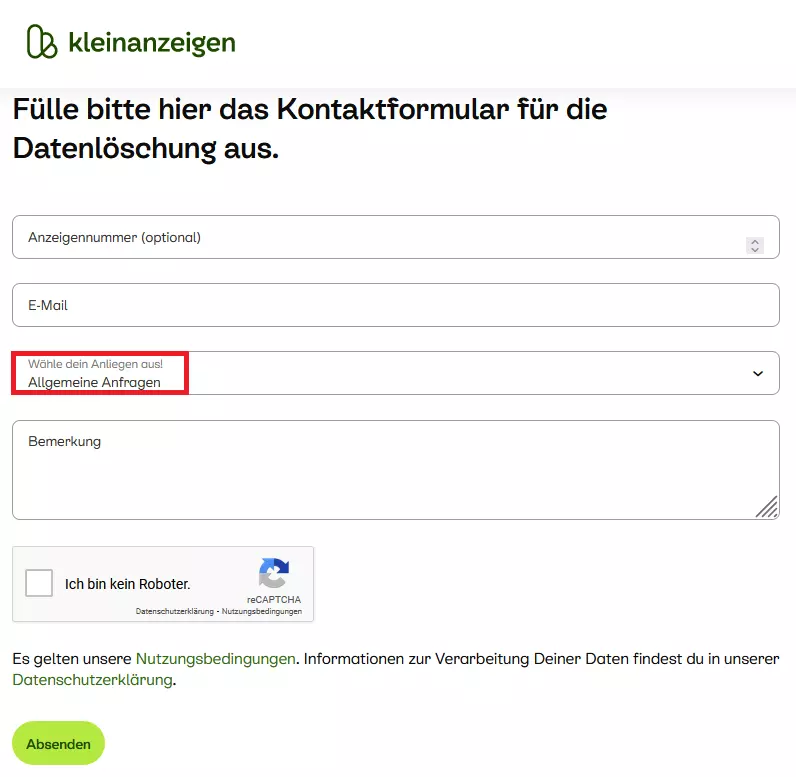 Wählen Sie im Kontaktformular „Allgemeine Anfragen“ als Ihr Anliegen aus. Bild: Wählen Sie im Kontaktformular „Allgemeine Anfragen“ als Ihr Anliegen aus.