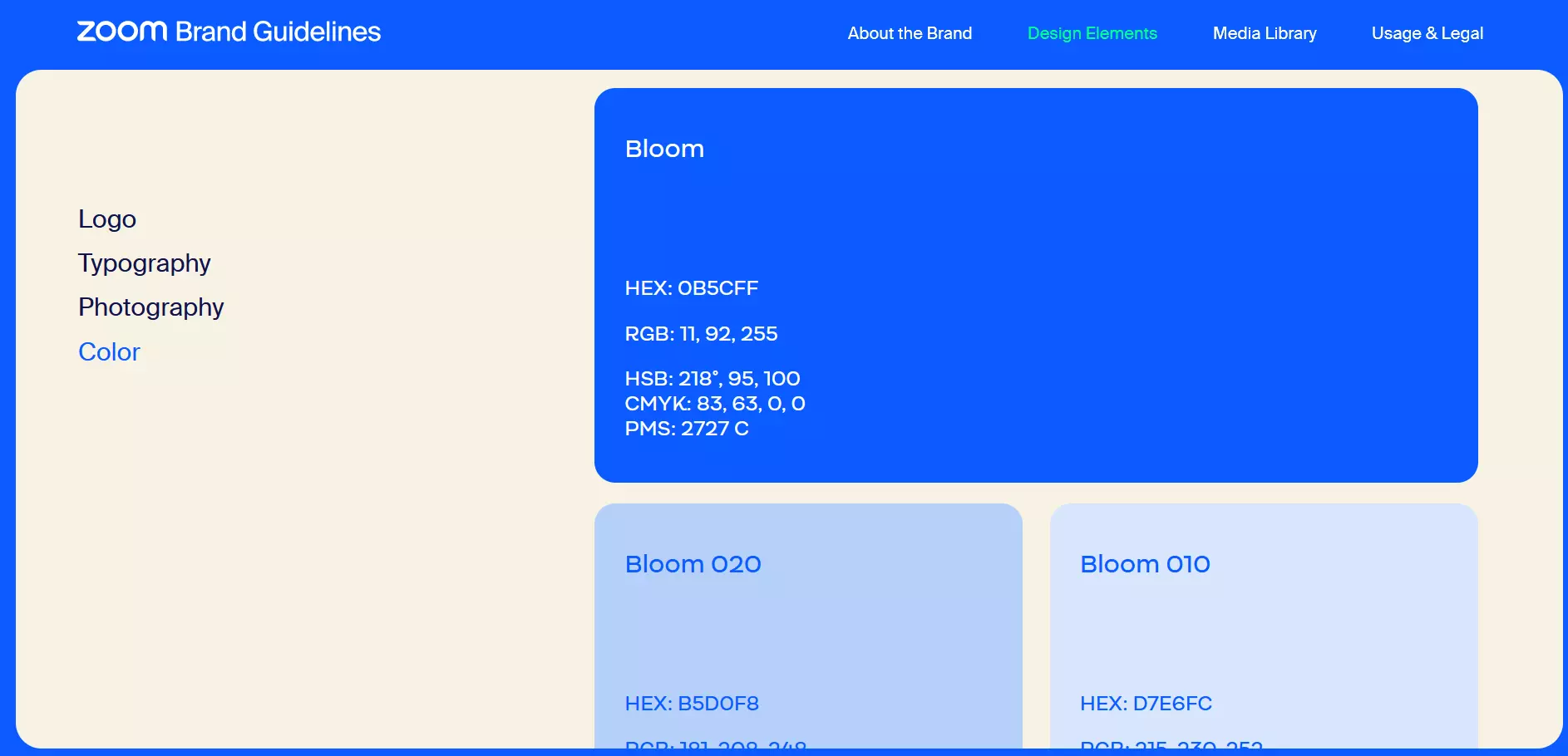 Screenshot vom Styleguide der Videokommunikationaplattform Zoom mit dem Farbspektrum von Zoom. Bild: Screenshot vom Styleguide der Videokommunikationaplattform Zoom mit dem Farbspektrum von Zoom.