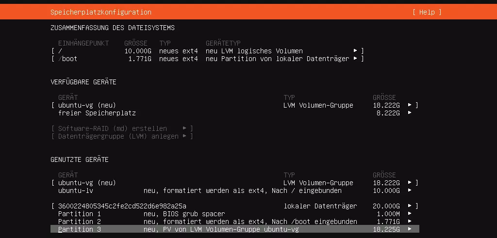 Bild: Speicherplatzkonfiguration im Rahmen der Ubuntu-Server-Einrichtung