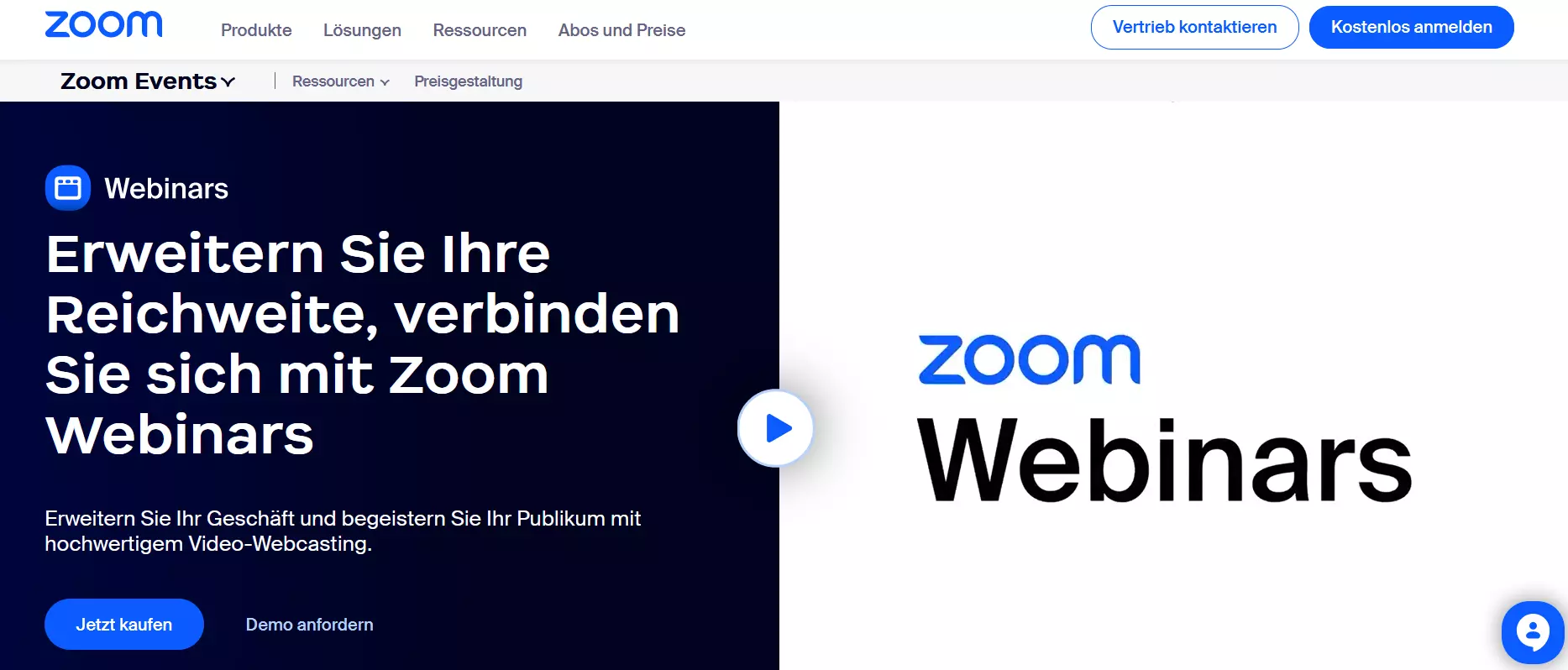 Homepage von Zoom Video-Webinare Bild: Homepage von Zoom Video-Webinare