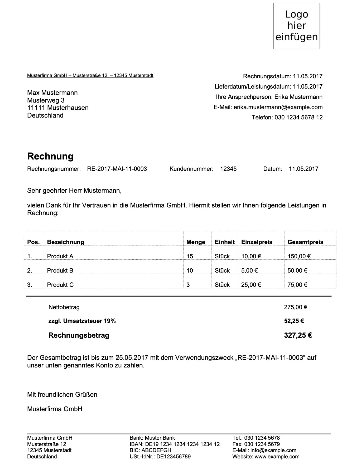 Screenshot einer Rechnungsvorlage Bild: Screenshot einer Rechnungsvorlage